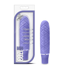 Blush Luxe Cozi Mini periwinkle silicone vibrator beside its quilted-texture packaging