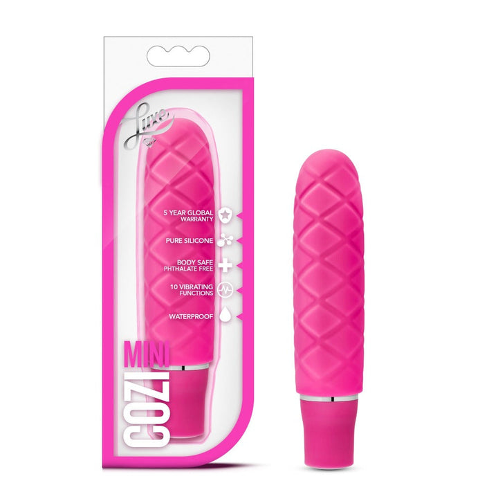 Blush Luxe Cozi Mini vibrator in fuchsia pink with quilted silicone texture, shown beside retail box