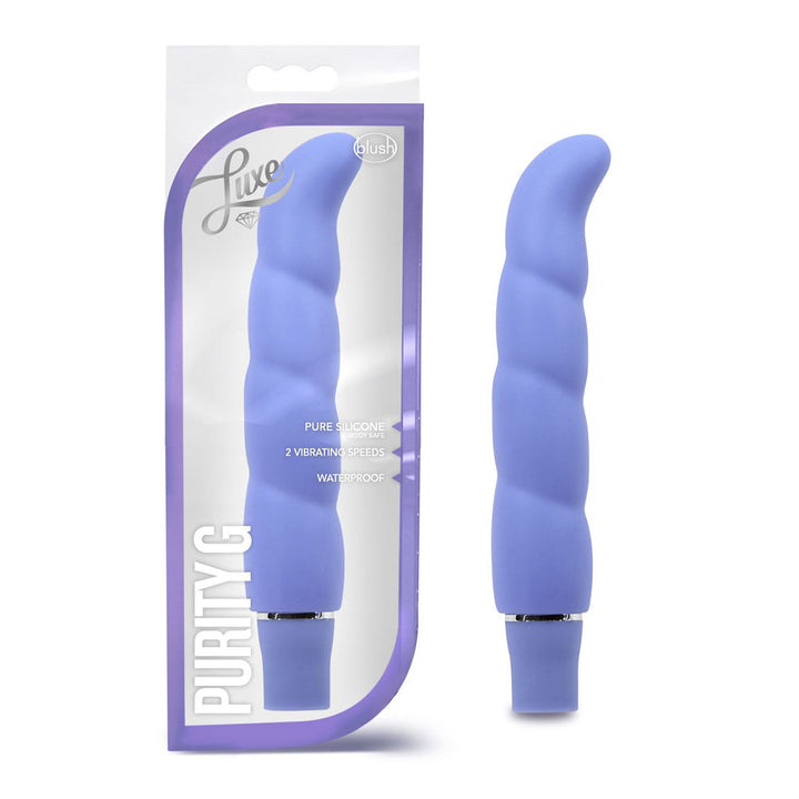Blush Luxe Purity G periwinkle silicone vibrator beside packaging box