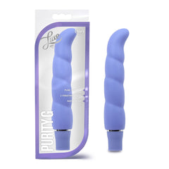 Blush Luxe Purity G periwinkle silicone vibrator beside packaging box