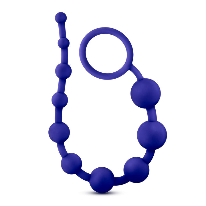 Blush Luxe Silicone 10 Beads anal toy in indigo blue with graduating bead sizes and retrieval ring