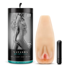 Blush M Elite Natasha beige stroker beside black cylindrical packaging and bullet vibrator