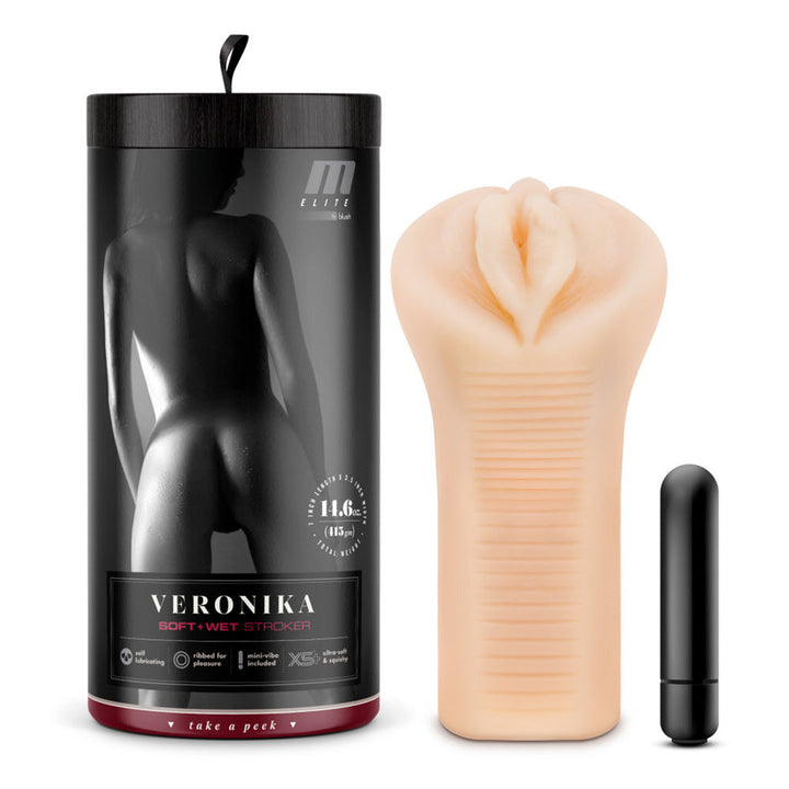 Blush M Elite Veronika beige stroker beside cylindrical packaging with bullet vibrator included