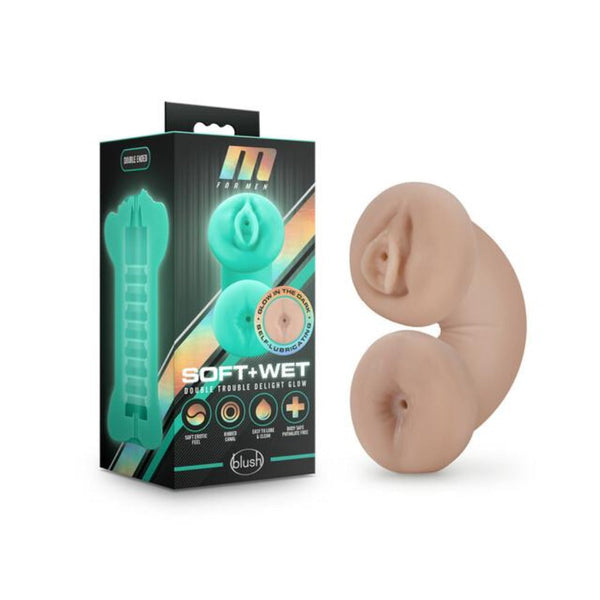 Blush M for Men Soft & Wet Double Trouble Glow masturbator beside dark retail box