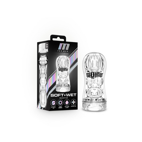 Blush M for Men Soft and Wet Magnifier male stroker beside its black retail box