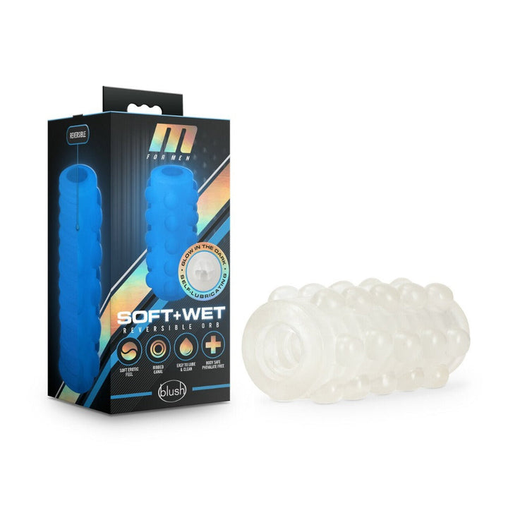 Blush M for Men Soft and Wet Reversible Orb stroker beside its holographic retail box