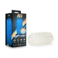 Blush M for Men Soft and Wet Reversible Orb stroker beside its holographic retail box
