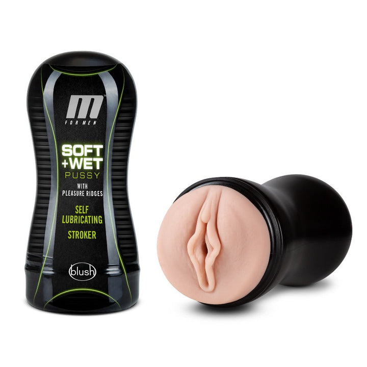 Blush M for Men Soft Wet self-lubricating stroker beside black textured carry case