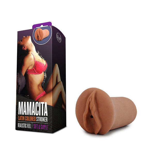Blush Mamacita Latin stroker beside its dark purple retail box featuring model artwork
