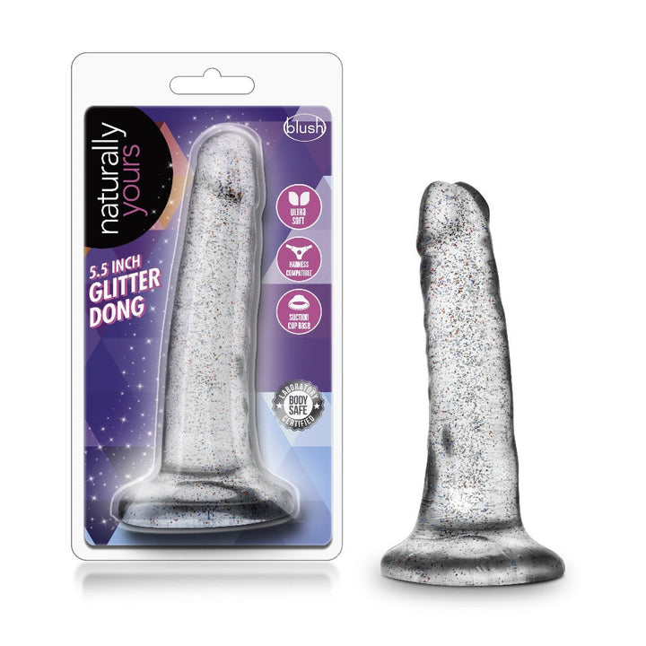 Blush Naturally Yours 5.5 In Glitter Dong dildo with silver sparkle finish beside retail packaging