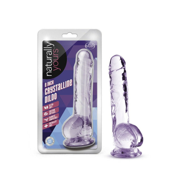 Blush Naturally Yours 8 Inch Crystalline Dildo in amethyst purple with retail packaging