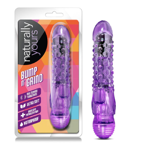 Blush Naturally Yours Bump n Grind purple textured vibrating dildo with retail packaging