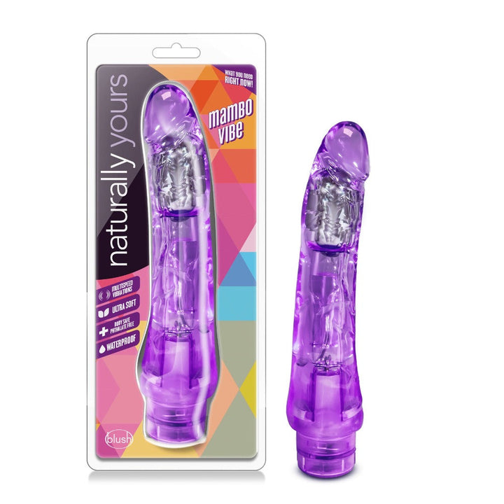 Blush Naturally Yours Mambo Vibe in translucent purple with realistic shape, shown packaged and standalone