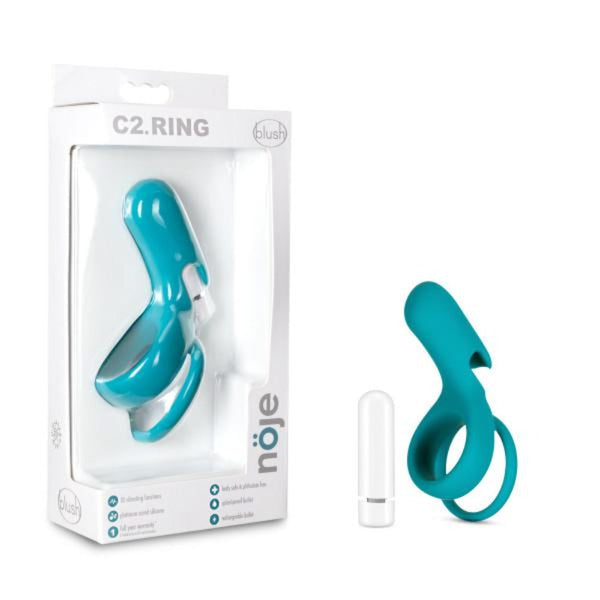 Blush Noje C2 Ring in teal silicone shown beside retail box and white bullet vibrator