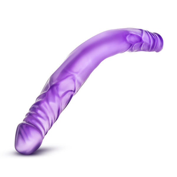 Blush Novelties double dildo in flexible purple jelly curved to show dual-ended design