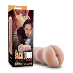 Blush Novelties X5 Men The Back Door soft, skin-tone masturbator beside retail box