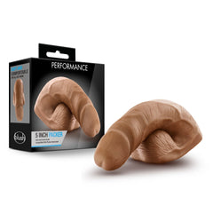 Blush Performance 5 Inch Packer in mocha, a soft flesh-toned silicone packing form with box