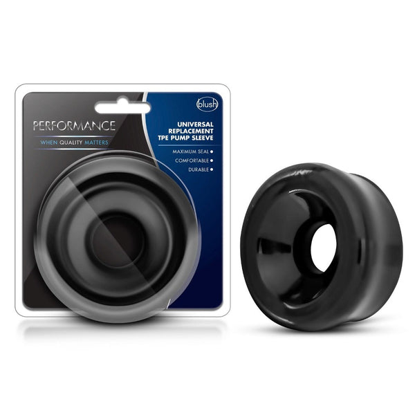 Blush Performance black TPE replacement pump sleeve shown in packaging beside the product
