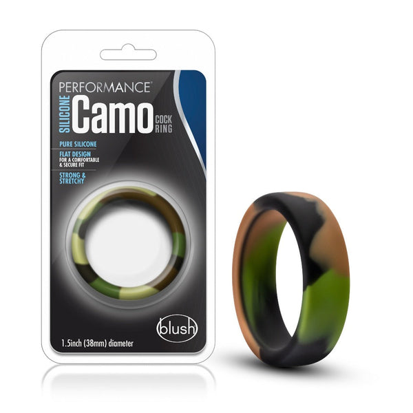 Blush Performance Camo Silicone Cock Ring in green camouflage beside retail packaging