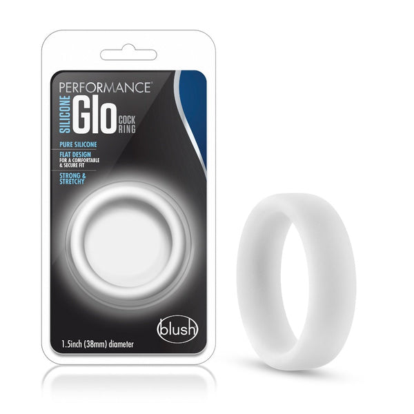 Blush Performance Glo white silicone cock ring beside retail packaging, flat-band design