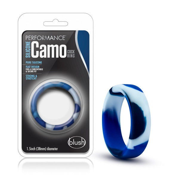 Blush Performance Silicone Camo Cock Ring in blue camo swirl pattern, 38mm flat band