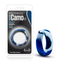 Blush Performance Silicone Camo Cock Ring in blue camo swirl pattern, 38mm flat band