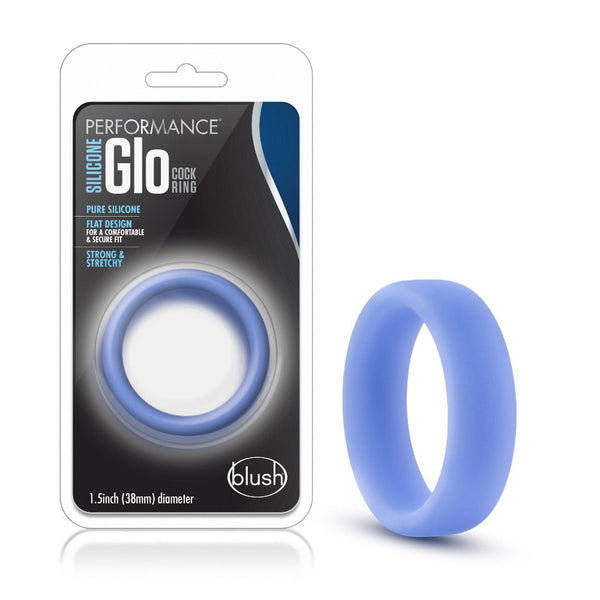 Blush Performance Silicone Glo Cock Ring in periwinkle blue, flat-band silicone design, 38mm