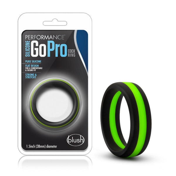 Blush Performance Silicone GoPro cock ring in black with a green center stripe, 38mm diameter