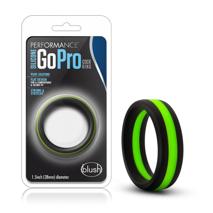 Blush Performance Silicone GoPro cock ring in black with a green center stripe, 38mm diameter