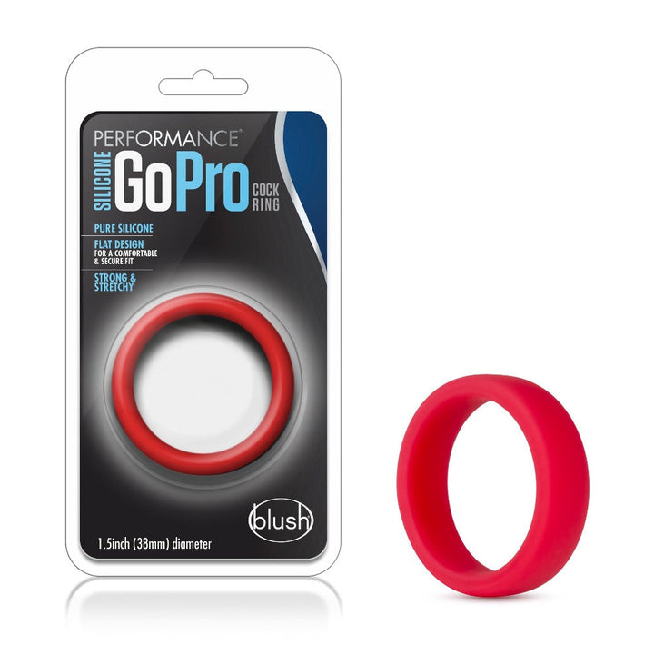 Blush Performance Silicone GoPro Cock Ring in red, flat stretchy design, 38mm diameter