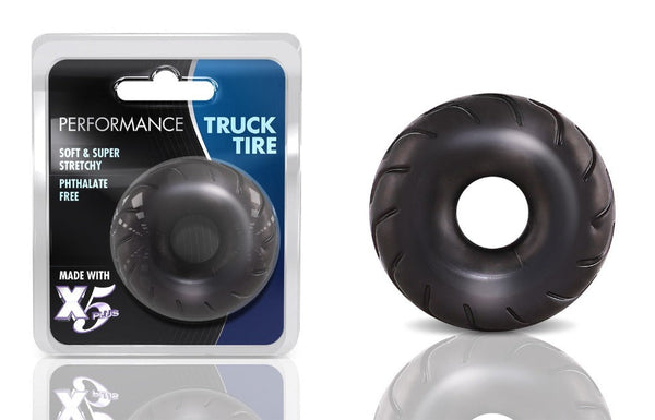 Blush Performance Truck Tire black stretchy cock ring with textured tread design