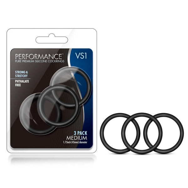 Blush Performance VS1 silicone cock rings, 3-pack in medium, shown packaged and unpackaged in black