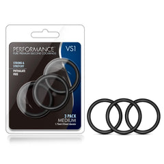 Blush Performance VS1 silicone cock rings, 3-pack in medium, shown packaged and unpackaged in black