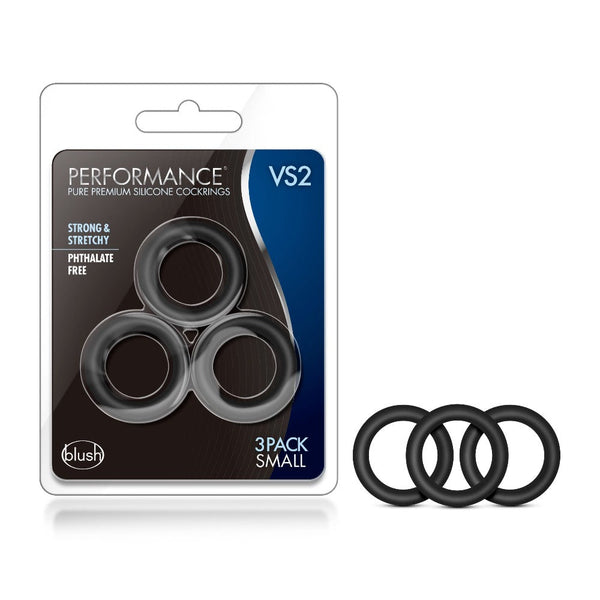 Blush Performance VS2 silicone cock rings, 3-pack in small, black, phthalate-free
