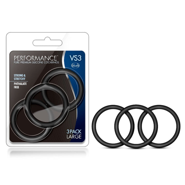 Blush Performance VS3 black silicone cock rings, 3-pack large, shown in packaging and loose