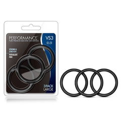 Blush Performance VS3 black silicone cock rings, 3-pack large, shown in packaging and loose