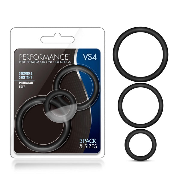 Blush Performance VS4 silicone cock ring set, three graduated black rings beside retail packaging