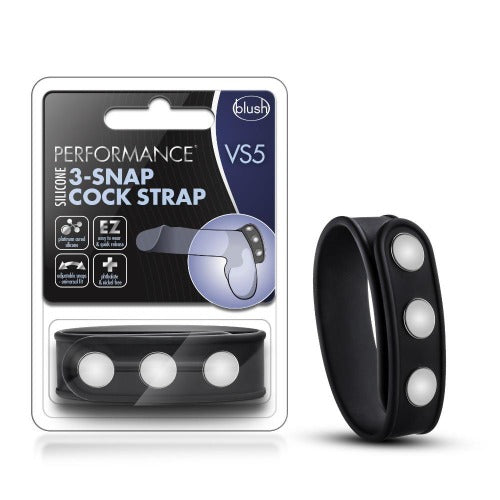 Blush Performance VS5 black silicone 3-snap cock strap with adjustable closure