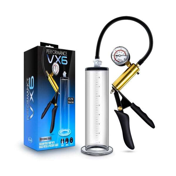Blush Performance VX6 vacuum pump with brass pistol grip, clear cylinder, and pressure gauge