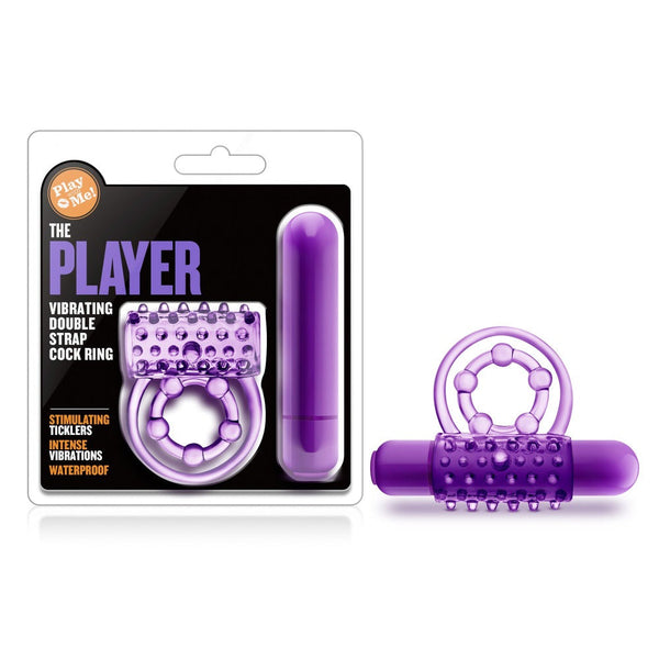Blush The Player vibrating double cock ring in purple with bullet vibrator, shown with packaging