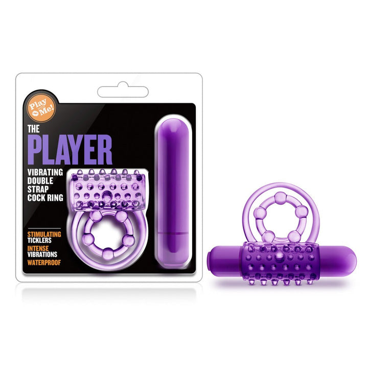 Blush The Player vibrating double cock ring in purple with bullet vibrator, shown with packaging