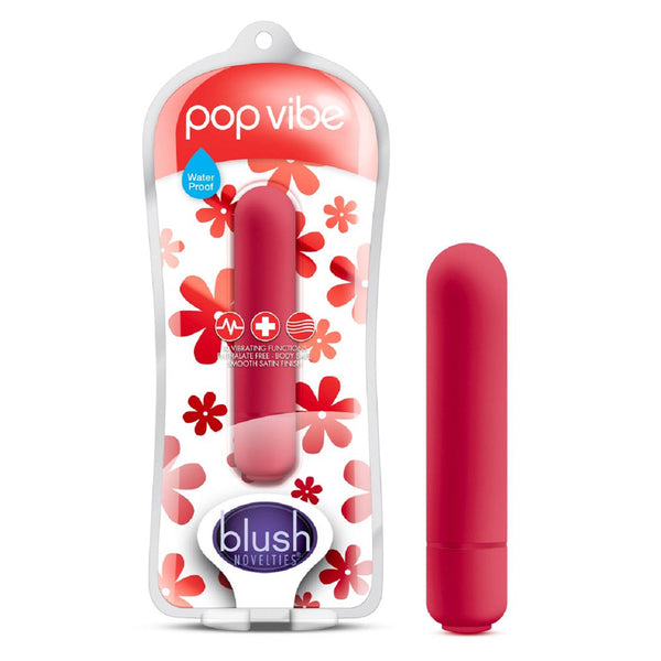 Blush Pop Vibe bullet vibrator in cherry red with waterproof packaging and floral design