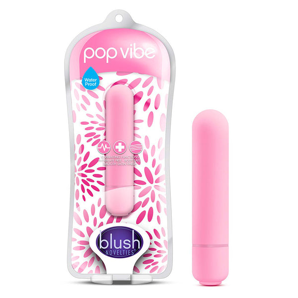 Blush Pop Vibe pink bullet vibrator beside floral waterproof packaging