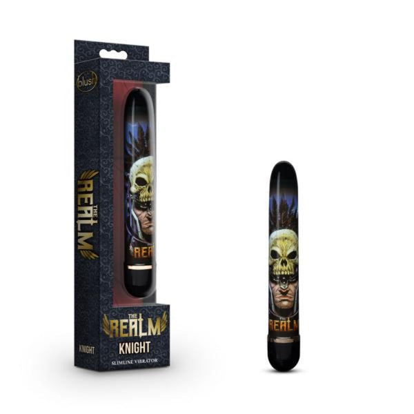 Blush The Realm Knight slimline vibrator beside dark fantasy-themed retail box