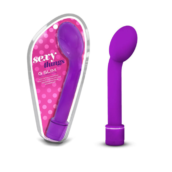 Blush Sexy Things G Slim Petite vibrator in purple with curved tip, shown with packaging