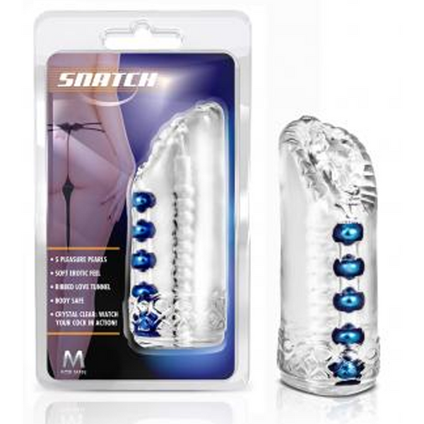 Blush Snatch male masturbator in crystal-clear TPE with five blue pleasure pearls
