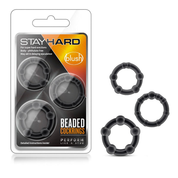 Blush Stay Hard Beaded Cock Rings set of three black flexible silicone rings in retail packaging