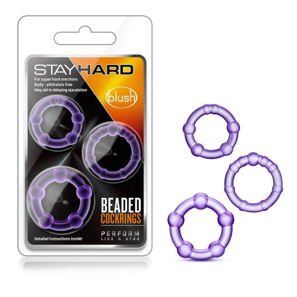 Blush Stay Hard Beaded Cockrings in purple, set of three flexible rings shown in and out of packaging