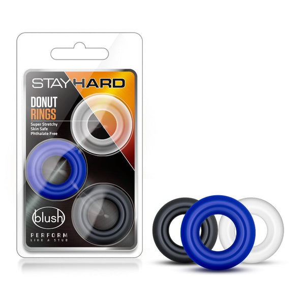 Blush Stay Hard Donut Rings 3-pack in black, blue, and clear stretchy silicone