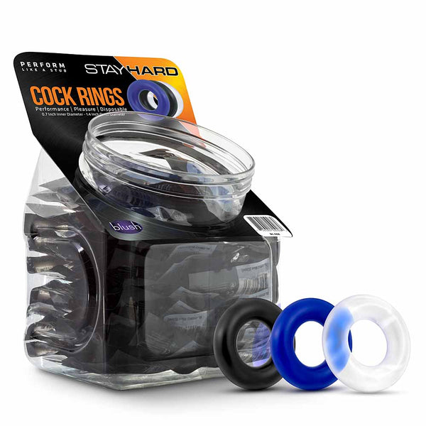 Blush Stay Hard Donut Rings 50-piece display jar with black, blue, and clear cock rings